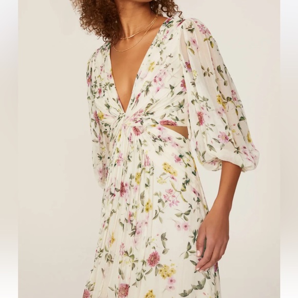 ML Monique Lhuillier Floral Print Pleated Chiffon Puff Sleeve Cutout Maxi Gown 2 - Picture 4 of 11